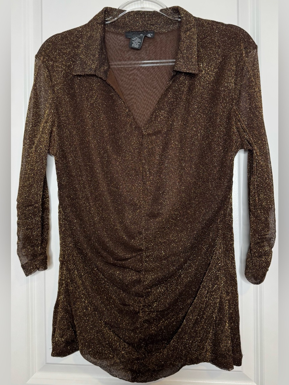 Willi Smith Brown Metallic V-Neck Shimmer Tunic sheer sleeves stretch sz xl
